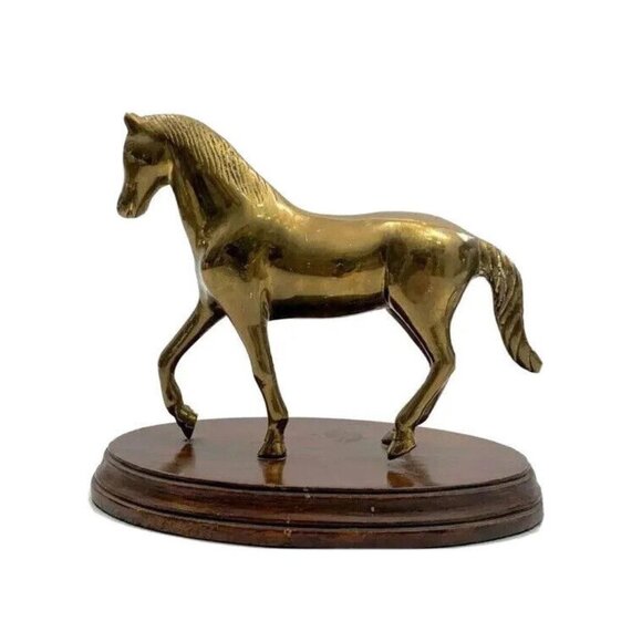 Horse Sculpture Elegant Brass Figurine on Wooden Base Vintage EquestrianDecor